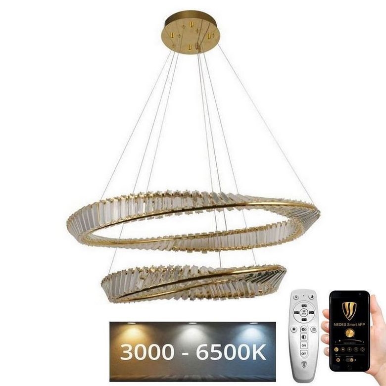 LED Prigušivi kristalni luster na sajli LED/90W/230V 3000-6500K zlatna/krom + Daljinski upravljač