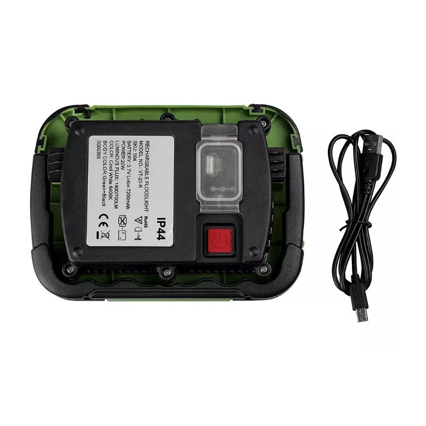 LED Prigušivi punjivi reflektor SAMSUNG CHIP + funkcije SOS LED/20W/3,7V/USB IP44 4000K 7200 mAh zelena