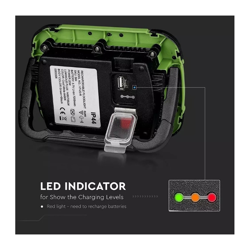 LED Prigušivi punjivi reflektor SAMSUNG CHIP + funkcije SOS LED/20W/3,7V/USB IP44 4000K 7200 mAh zelena