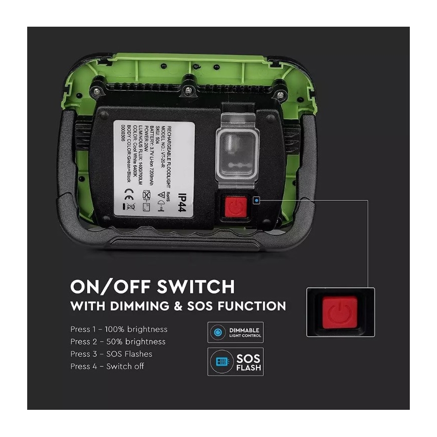 LED Prigušivi punjivi reflektor SAMSUNG CHIP + funkcije SOS LED/20W/3,7V/USB IP44 4000K 7200 mAh zelena