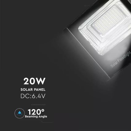 LED Prigušivi solarni reflektor LED/20W/6,4V 4000K IP65 + Daljinski upravljač