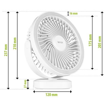 LED Punjiv stoni ventilator sa LED osvetljenjem LED/3W/5V USB 2400 mAh bela