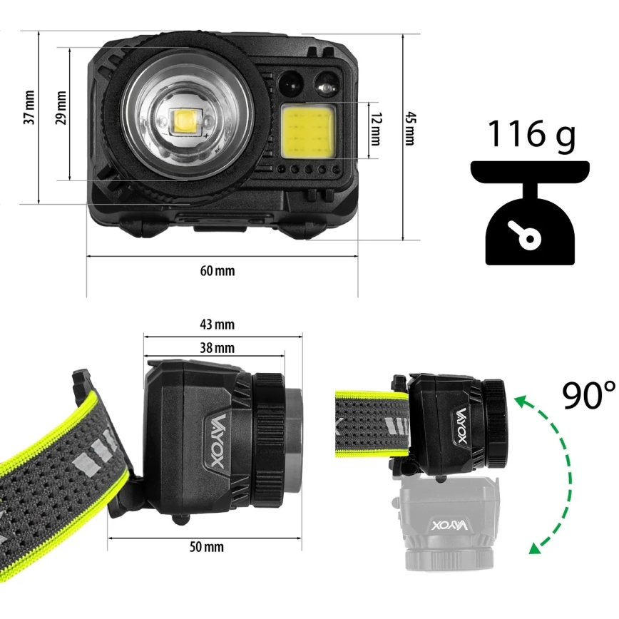 Punjiva LED čelna lampa, prigušiva, sa senzorom i crvenim svetlom LED/6W/5V/3xAAA IP66 500 lm 1200 mAh