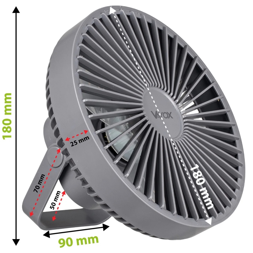 LED Punjivi stolni ventilator sa LED rasvetom LED/2W/5V USB 2400 mAh sivo