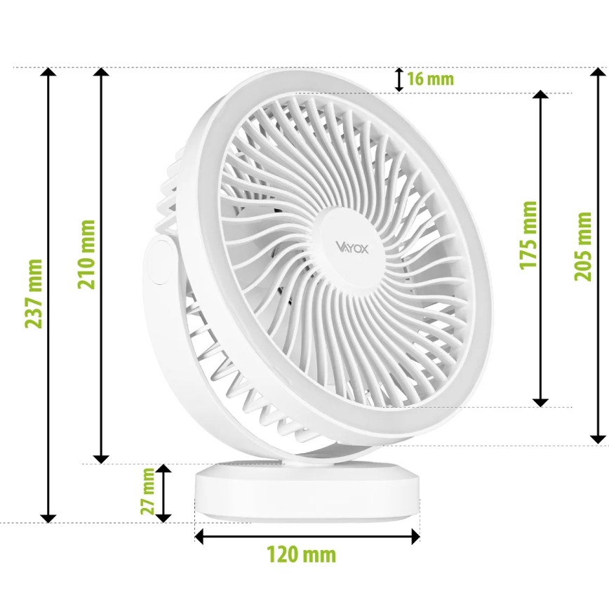 LED Punjivi stolni ventilator sa LED rasvetom LED/3W/5V USB 2400 mAh bela