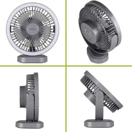 LED Punjivi stolni ventilator sa LED rasvetom LED/3W/5V USB 2400 mAh sivo