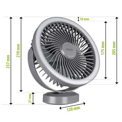 LED Punjivi stolni ventilator sa LED rasvetom LED/3W/5V USB 2400 mAh sivo