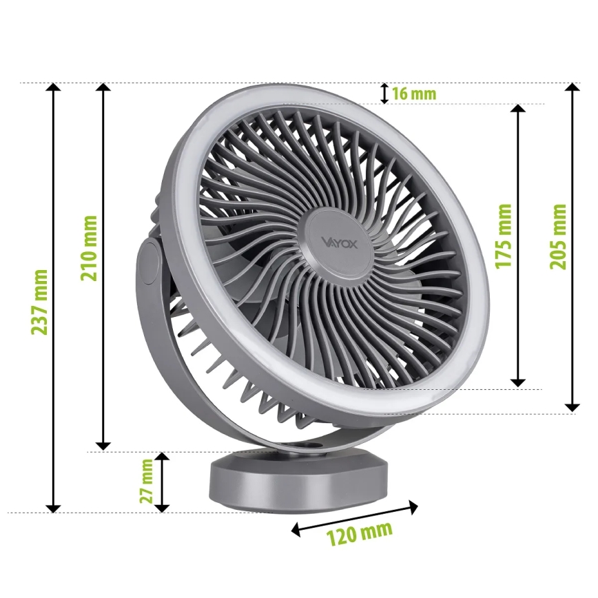 LED Punjivi stolni ventilator sa LED rasvetom LED/3W/5V USB 2400 mAh sivo