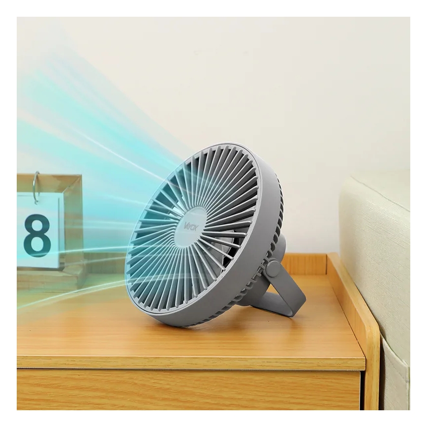 LED punjivi stoni ventilator sa LED osvetljenjem, 2W/5V USB, 2400 mAh, siva