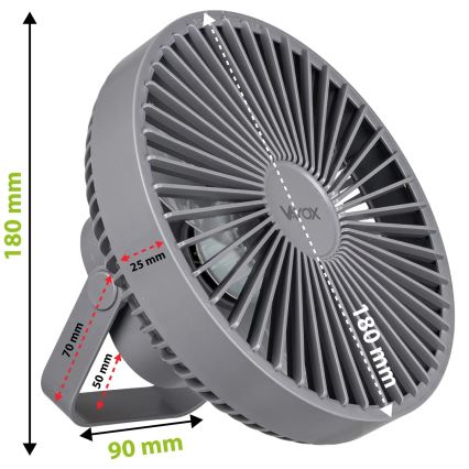LED punjivi stoni ventilator sa LED osvetljenjem, 2W/5V USB, 2400 mAh, siva
