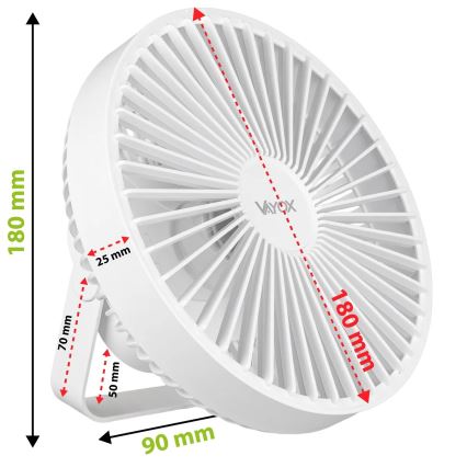 LED Punjivi stoni ventilator sa LED osvetljenjem LED/2W/5V USB 2400 mAh bela
