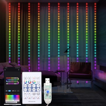 LED RGB Prigušiva božićna svetlosna zavesa WIZARD 300xLED/USB 3x3m + Daljinski upravljač
