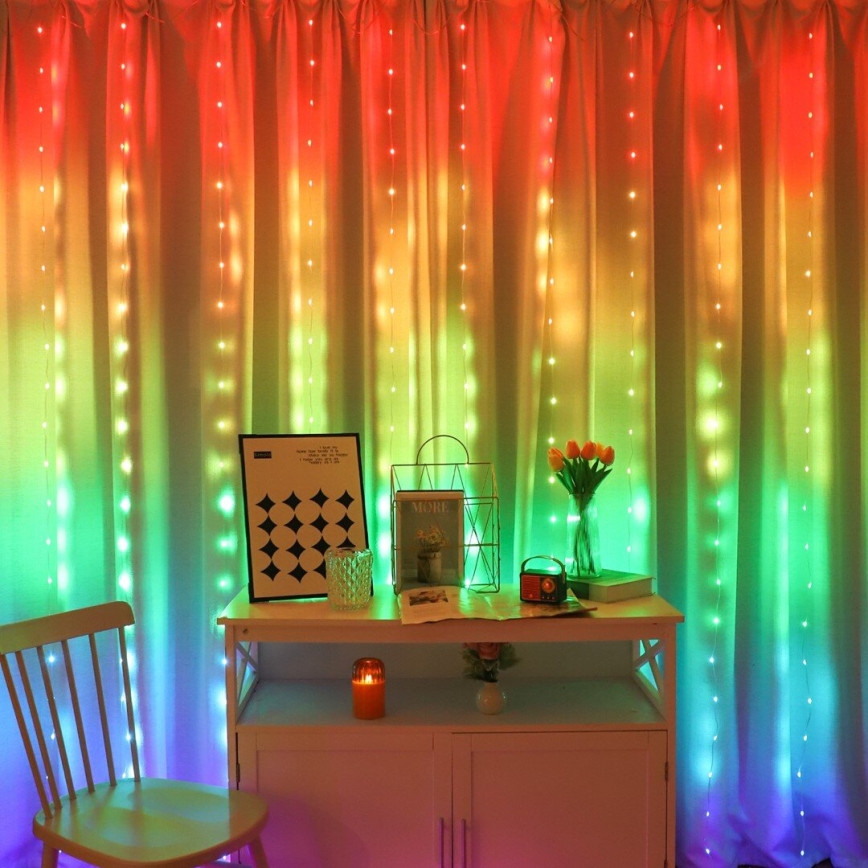 LED RGB Prigušiva božićna svetlosna zavesa WIZARD 300xLED/USB 3x3m + Daljinski upravljač