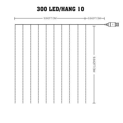 LED RGB Prigušiva božićna svetlosna zavesa WIZARD 300xLED/USB 3x3m + Daljinski upravljač