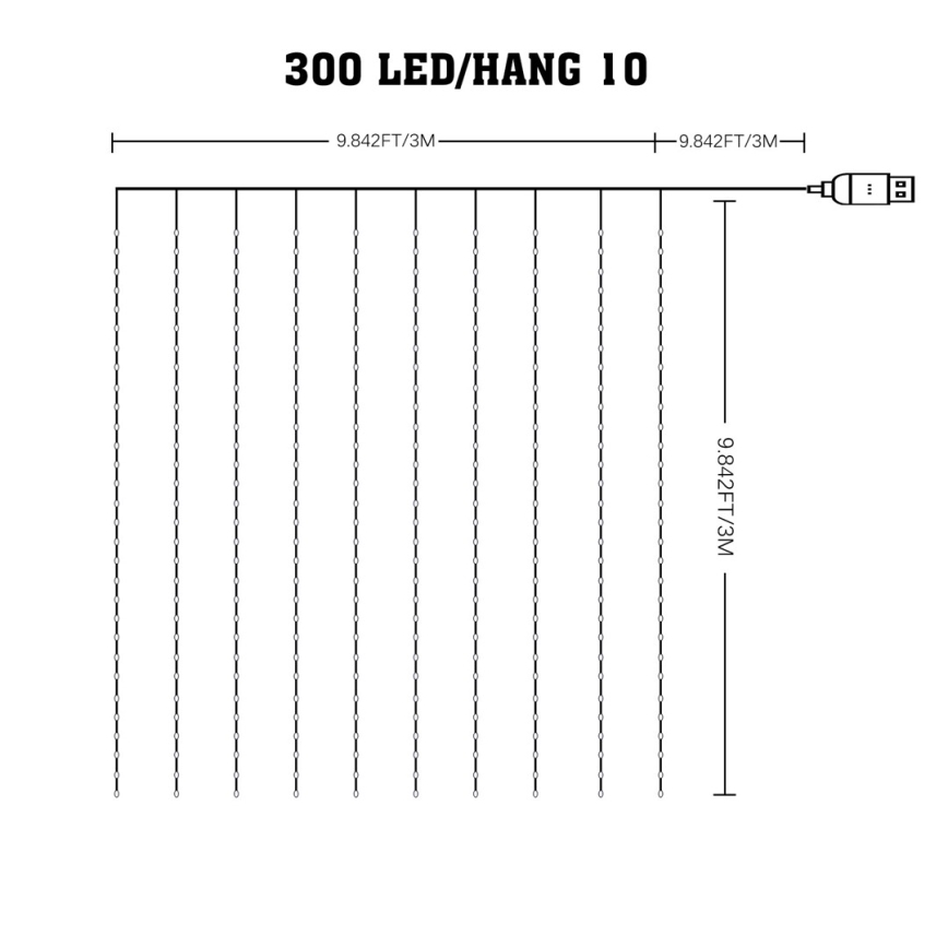 LED RGB Prigušiva božićna svetlosna zavesa WIZARD 300xLED/USB 3x3m + Daljinski upravljač