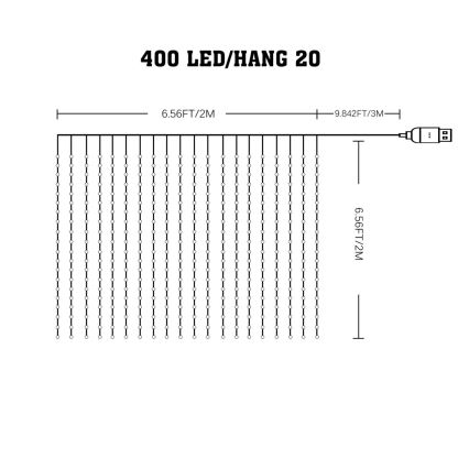 LED RGB Prigušiva božićna svetlosna zavesa WIZARD 400xLED/USB 2x2m + Daljinski upravljač