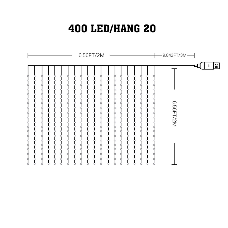 LED RGB Prigušiva božićna svetlosna zavesa WIZARD 400xLED/USB 2x2m + Daljinski upravljač
