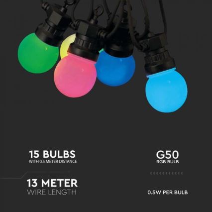 LED RGB Spoljašnji lanac STRING 13 m 15xLED/0,5W/230V IP44 + Daljinski upravljač
