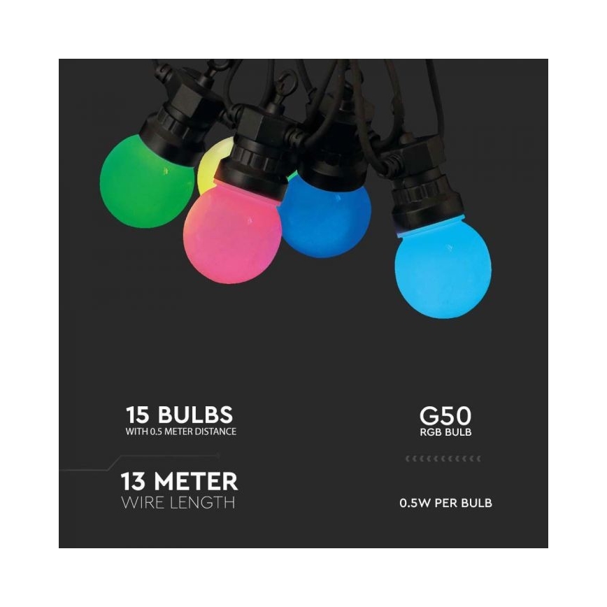 LED RGB Spoljašnji lanac STRING 13 m 15xLED/0,5W/230V IP44 + Daljinski upravljač
