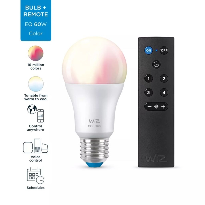 LED RGBW Prigušiva sijalica A60 E27/8,5W/230V 2200-6500K  CRI 90 Wi-Fi + Daljinski upravljač - WiZ