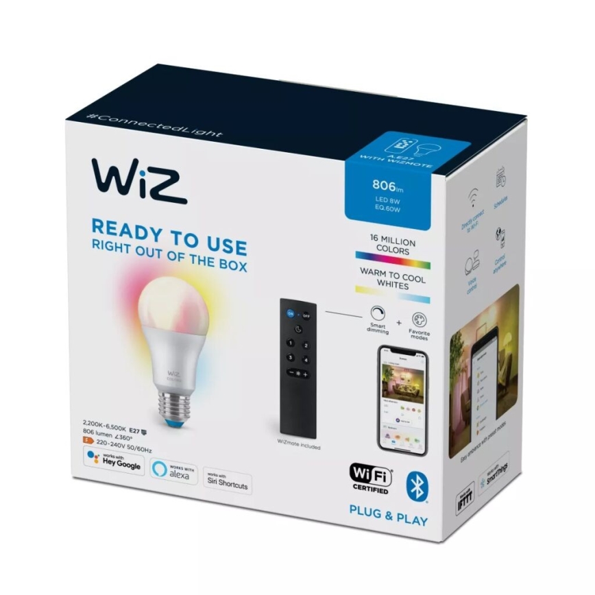 LED RGBW Prigušiva sijalica A60 E27/8,5W/230V 2200-6500K  CRI 90 Wi-Fi + Daljinski upravljač - WiZ