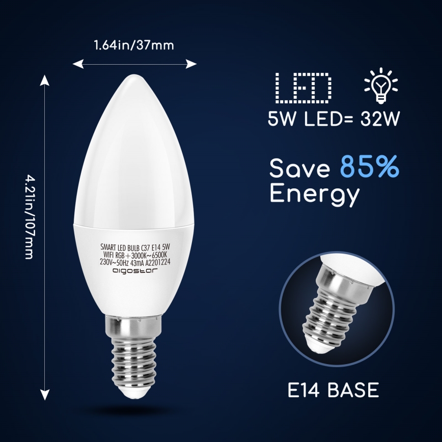LED RGBW Prigušiva sijalica C37 E14/5W/230V 3000-6500K Wi-Fi - Aigostar