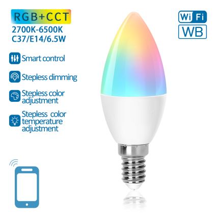 LED RGBW Prigušiva sijalica C37 E14/6,5W/230V 2700-6500K Wi-Fi - Aigostar