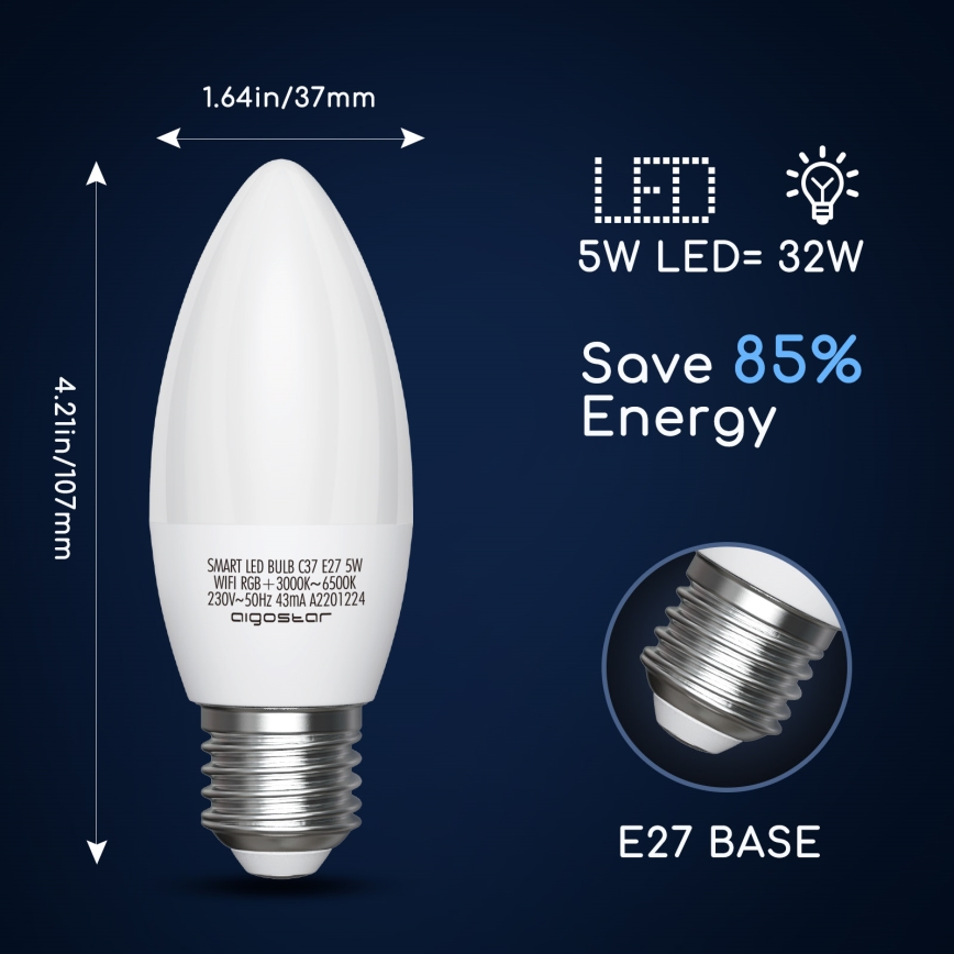 LED RGBW Prigušiva sijalica C37 E27/5W/230V 3000-6500K Wi-Fi - Aigostar