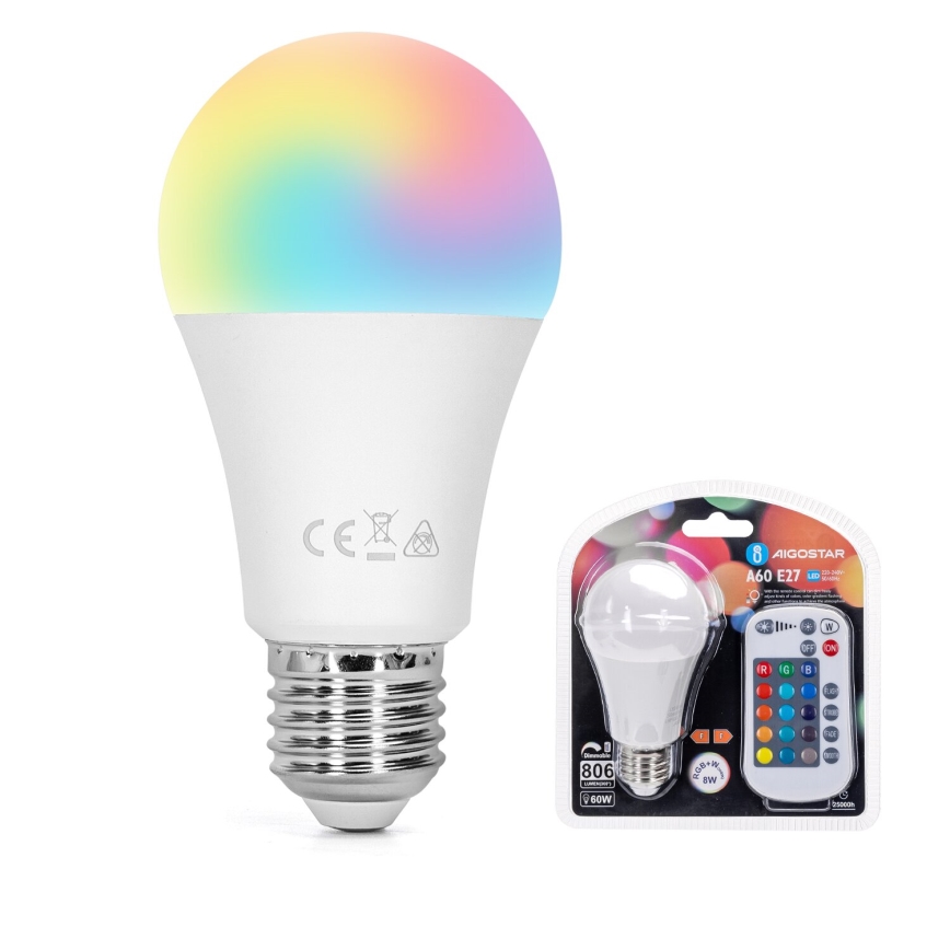 LED RGBW Prigušiva sijalica E27/8W/230V 3000K + Daljinski upravljač - Aigostar