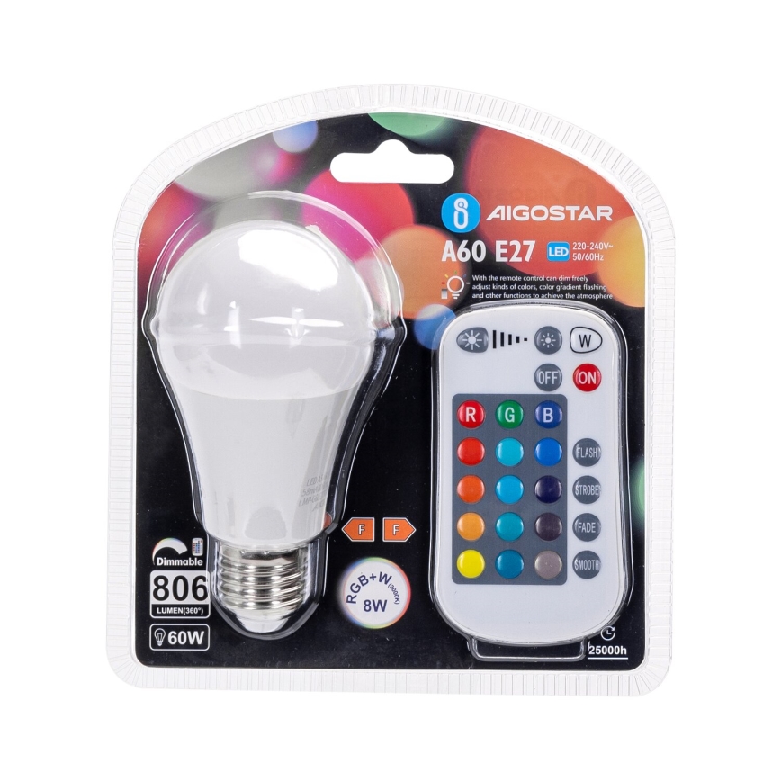 LED RGBW Prigušiva sijalica E27/8W/230V 3000K + Daljinski upravljač - Aigostar