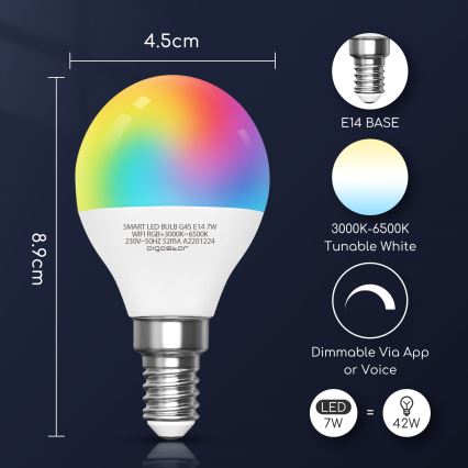LED RGBW Prigušiva sijalica G45 E14/7W/230V 3000-6500K Wi-Fi - Aigostar