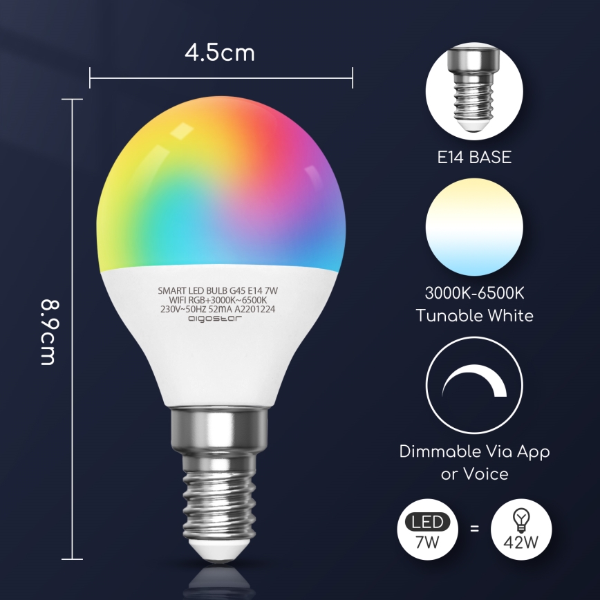 LED RGBW Prigušiva sijalica G45 E14/7W/230V 3000-6500K Wi-Fi - Aigostar
