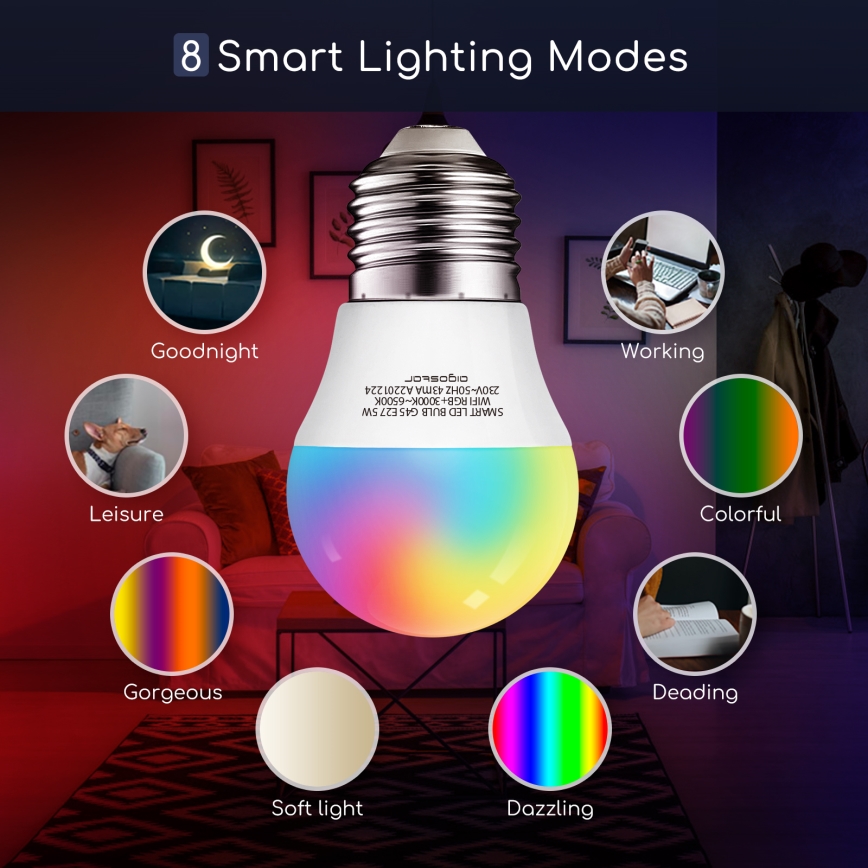 LED RGBW Prigušiva sijalica G45 E27/5W/230V 3000-6500K Wi-Fi - Aigostar