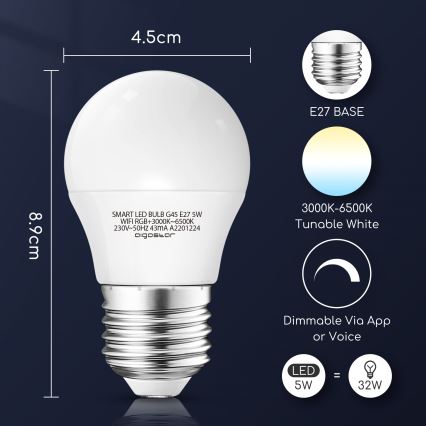 LED RGBW Prigušiva sijalica G45 E27/5W/230V 3000-6500K Wi-Fi - Aigostar