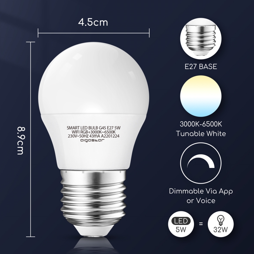 LED RGBW Prigušiva sijalica G45 E27/5W/230V 3000-6500K Wi-Fi - Aigostar