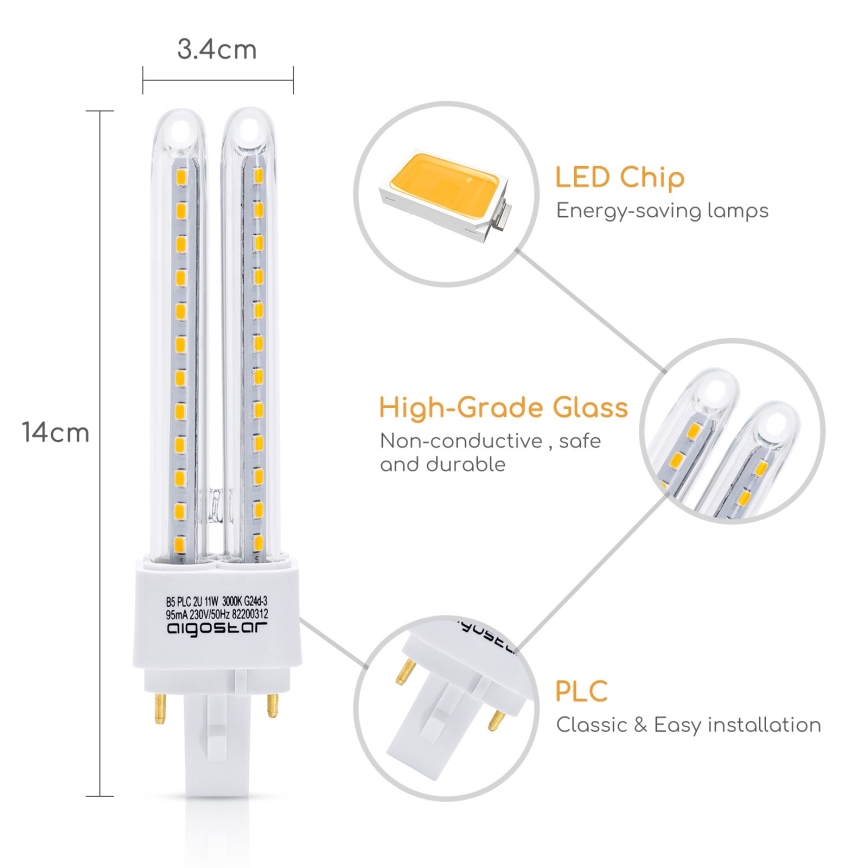 LED Sijalica G24D-3/11W/230V 3000K - Aigostar