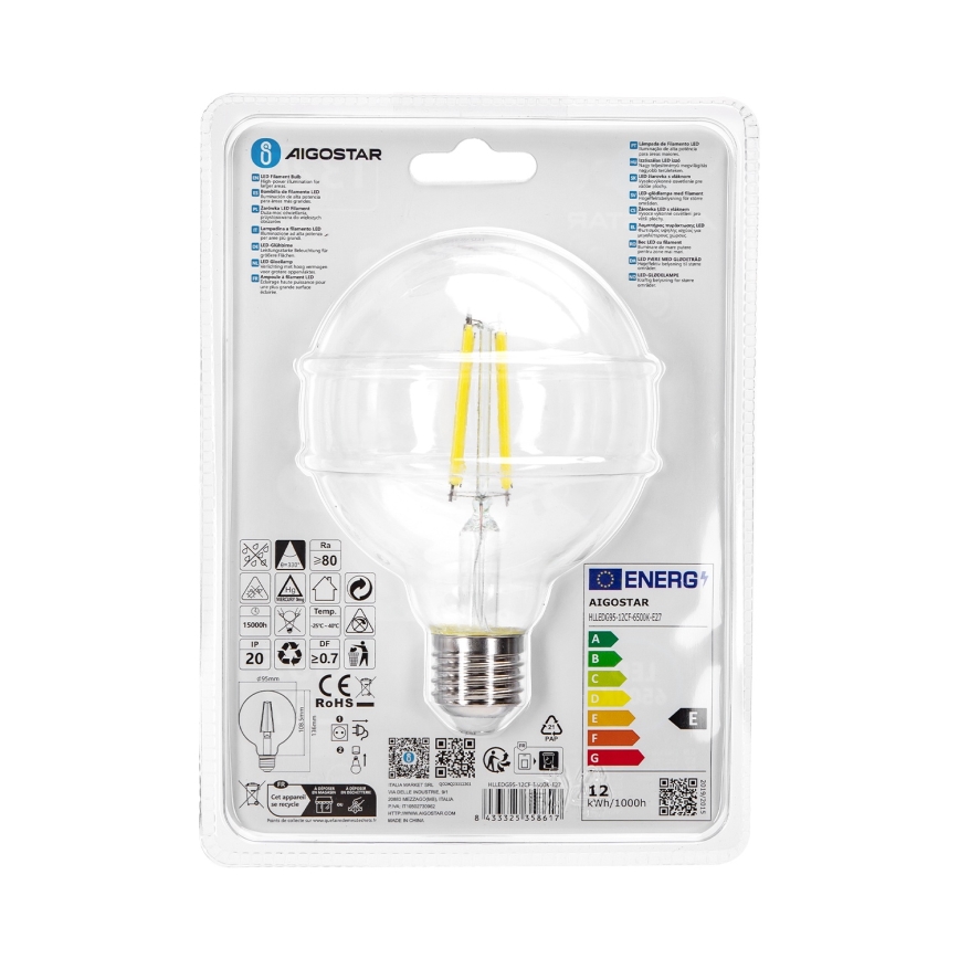 LED Sijalica G95 E27/12W/230V 6500K - Aigostar