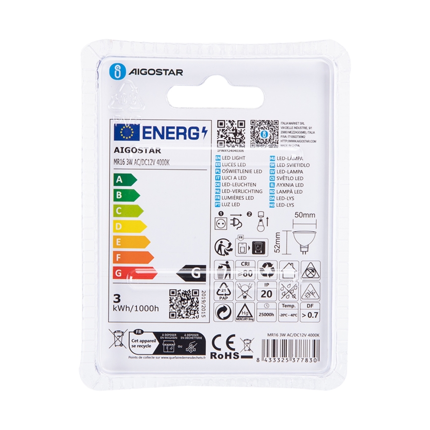 LED Sijalica MR16 GU5,3/3W/12V 4000K - Aigostar