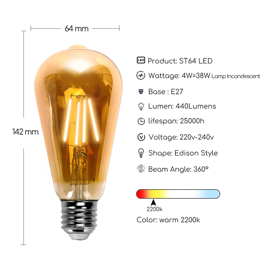 LED Sijalica ST64 E27/4W/230V 2200K - Aigostar