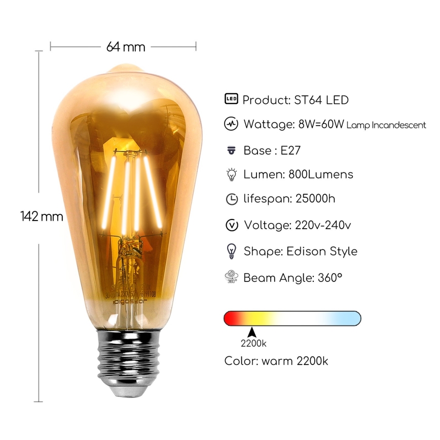 LED Sijalica ST64 E27/8W/230V 2200K - Aigostar