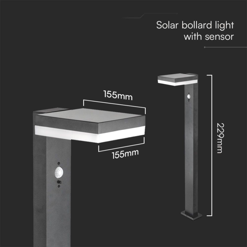 LED Solarna lampa sa senzorom LED/2W/3,7V IP54 3000K uglast crno