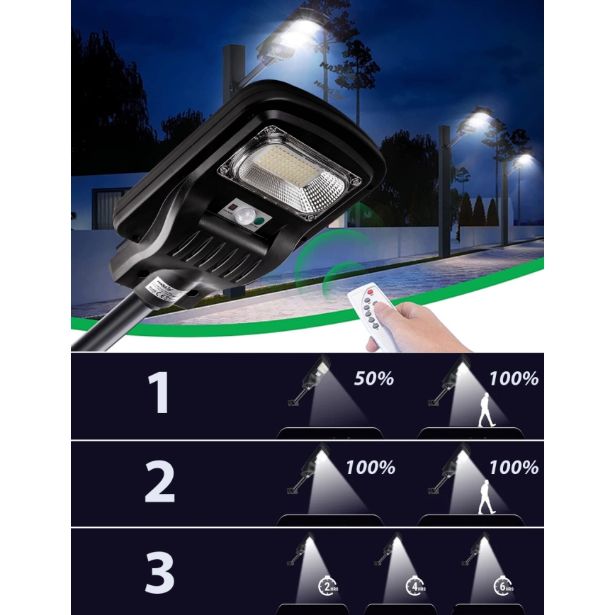 LED Prigušiva solarna ulična lampa sa senzorom LED/150W/6V 6500K IP65 crno + Daljinski upravljač