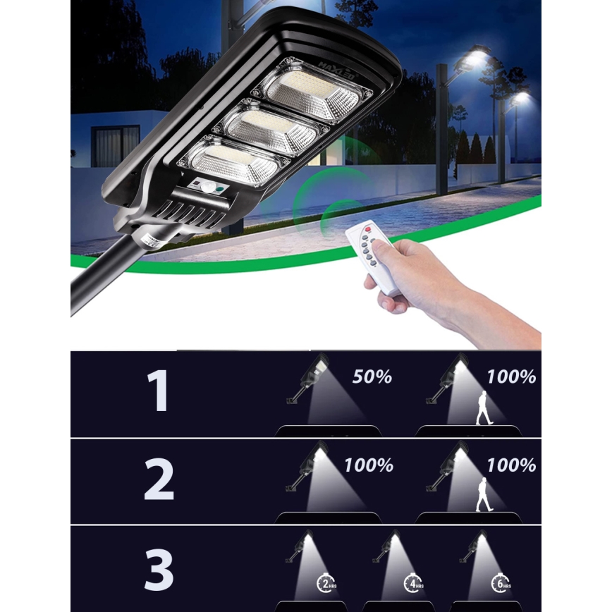 LED Prigušiva solarna ulična lampa sa senzorom LED/180W/6V 6500K IP65 crno + Daljinski upravljač