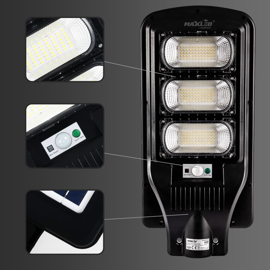 LED Prigušiva solarna ulična lampa sa senzorom LED/180W/6V 6500K IP65 crno + Daljinski upravljač