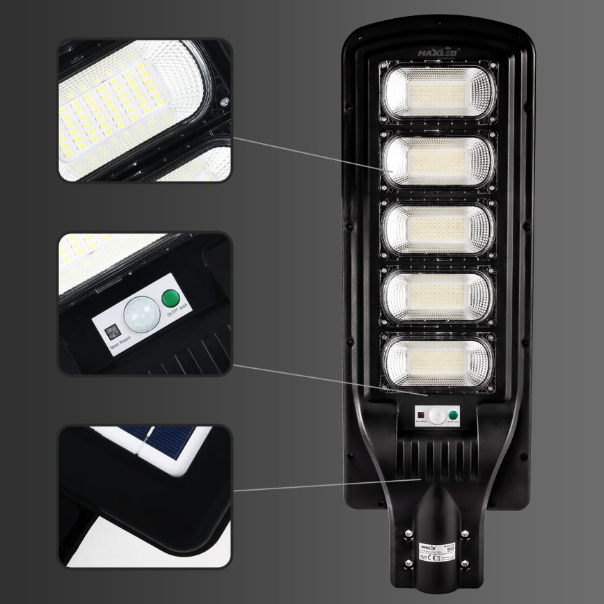 LED Prigušiva solarna ulična lampa sa senzorom LED/300W/6V 6500K IP65 crno + Daljinski upravljač