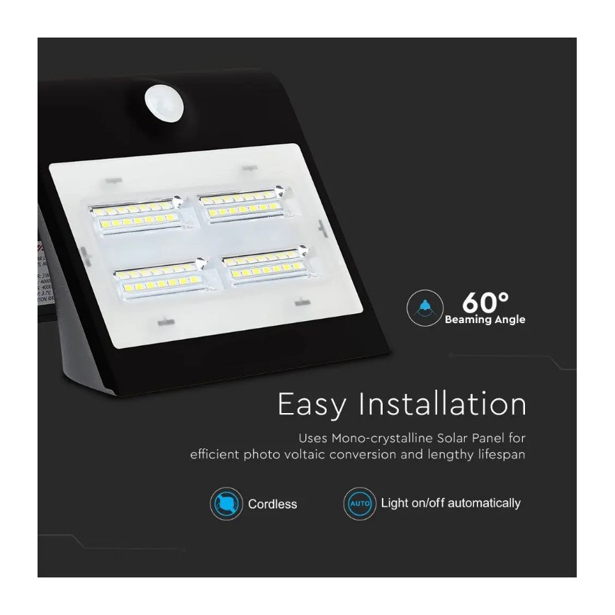 LED Solarna zidna lampa sa senzorom LED/3W/3,7V 3000/4000K IP65 2000 mAh crno