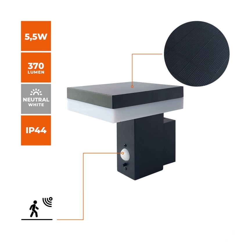 LED Solarna zidna lampa sa senzorom SOLARIS2 LED/5,5W/3,7V 4000K IP44 2600 mAh
