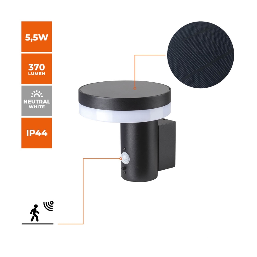 LED Solarna zidna lampa sa senzorom SOLARIS3 LED/5,5W/3,7V 4000K IP44 2600 mAh