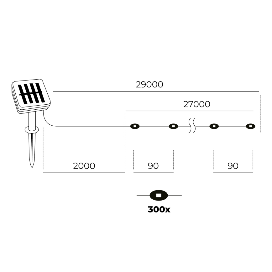 LED - Solarni lancem 300xLED/0,12W/1,2V 1xAA 27 m IP44 3000K