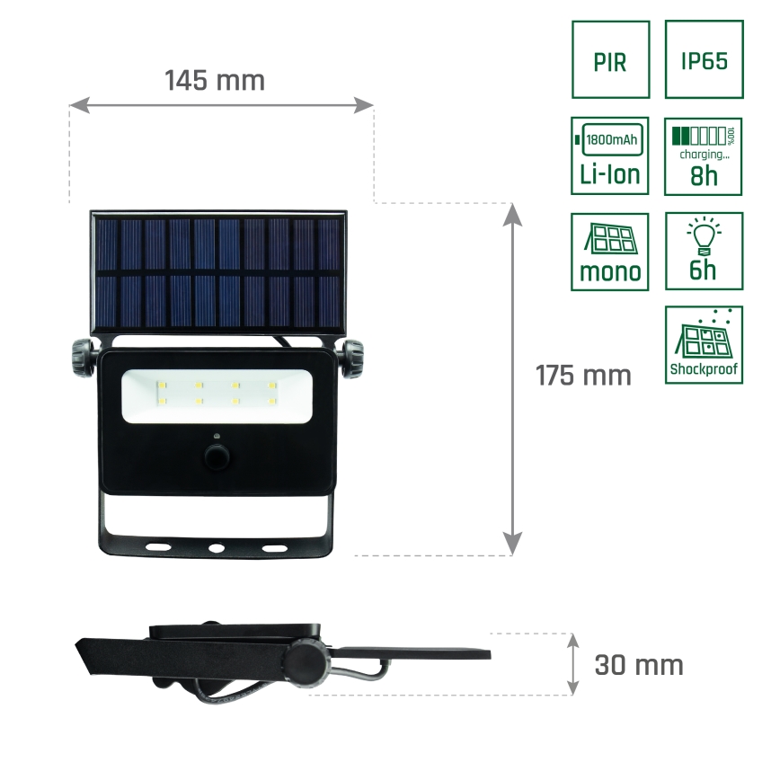 LED Solarni reflektor sa senzorom za pokret i dan/noć NOCTIS LED/2W/1800 mAh 3,7V 6000K IP65